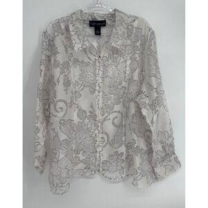 Susan Graver Style White Grey Floral Burnout Zip Front Blouse Jacket‎ Sz 3X